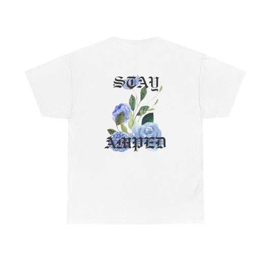 STAY AMPED Floral Tee – Blue on White