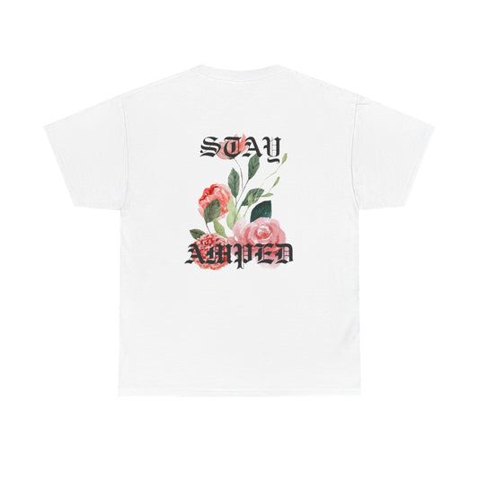 STAY AMPED Floral Tee – Pink on White