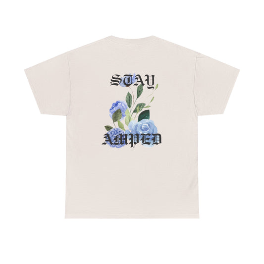 STAY AMPED Floral Tee – Blue on Grey